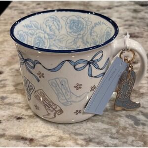 NWT Petal & Pearl Ceramic Mug Cowboy Boots Blue Ribbon w/keychain L2.8
